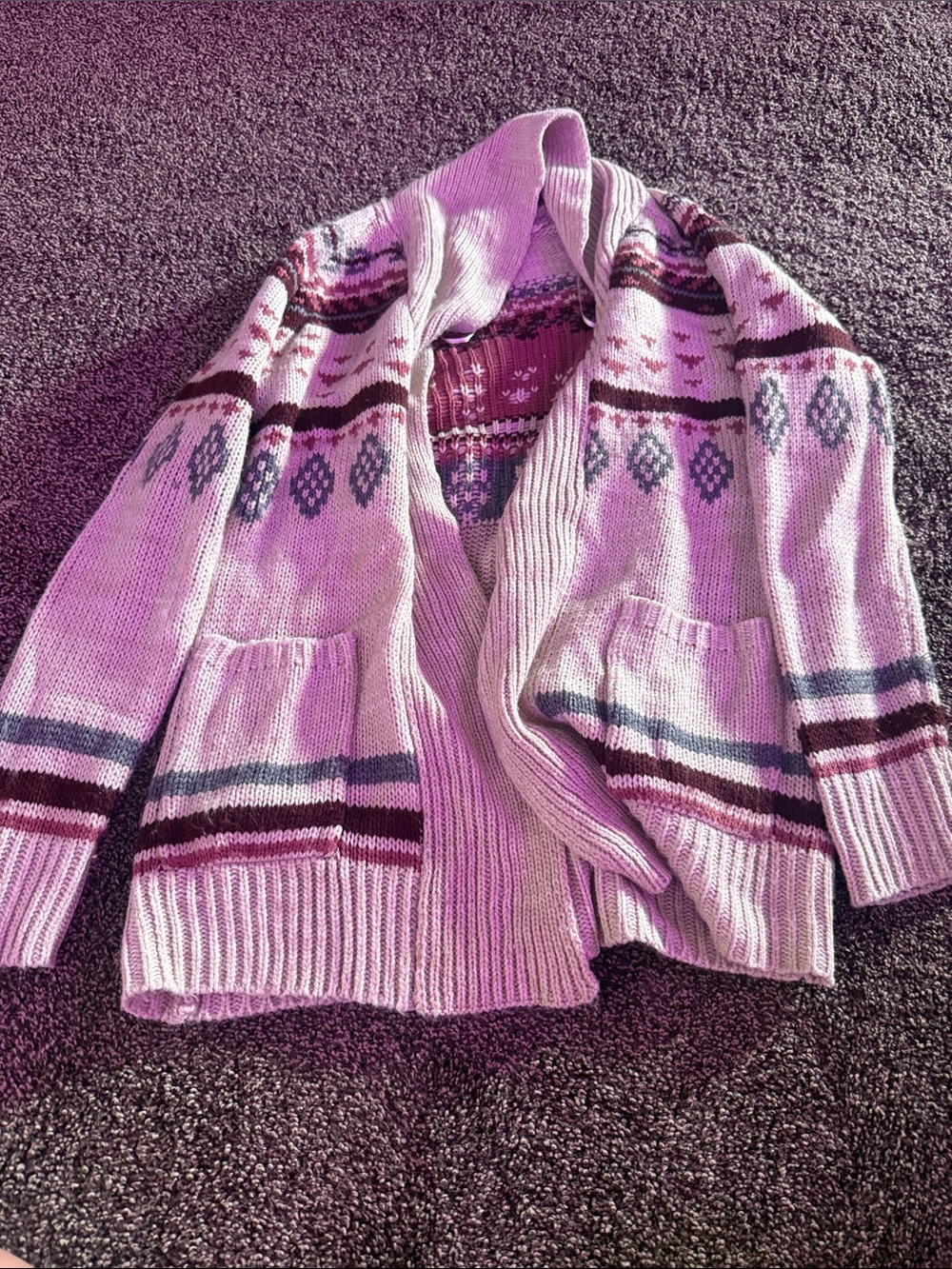 Cute Cozy Pink Shawl Collar Fair Isle Cardigan Sweater